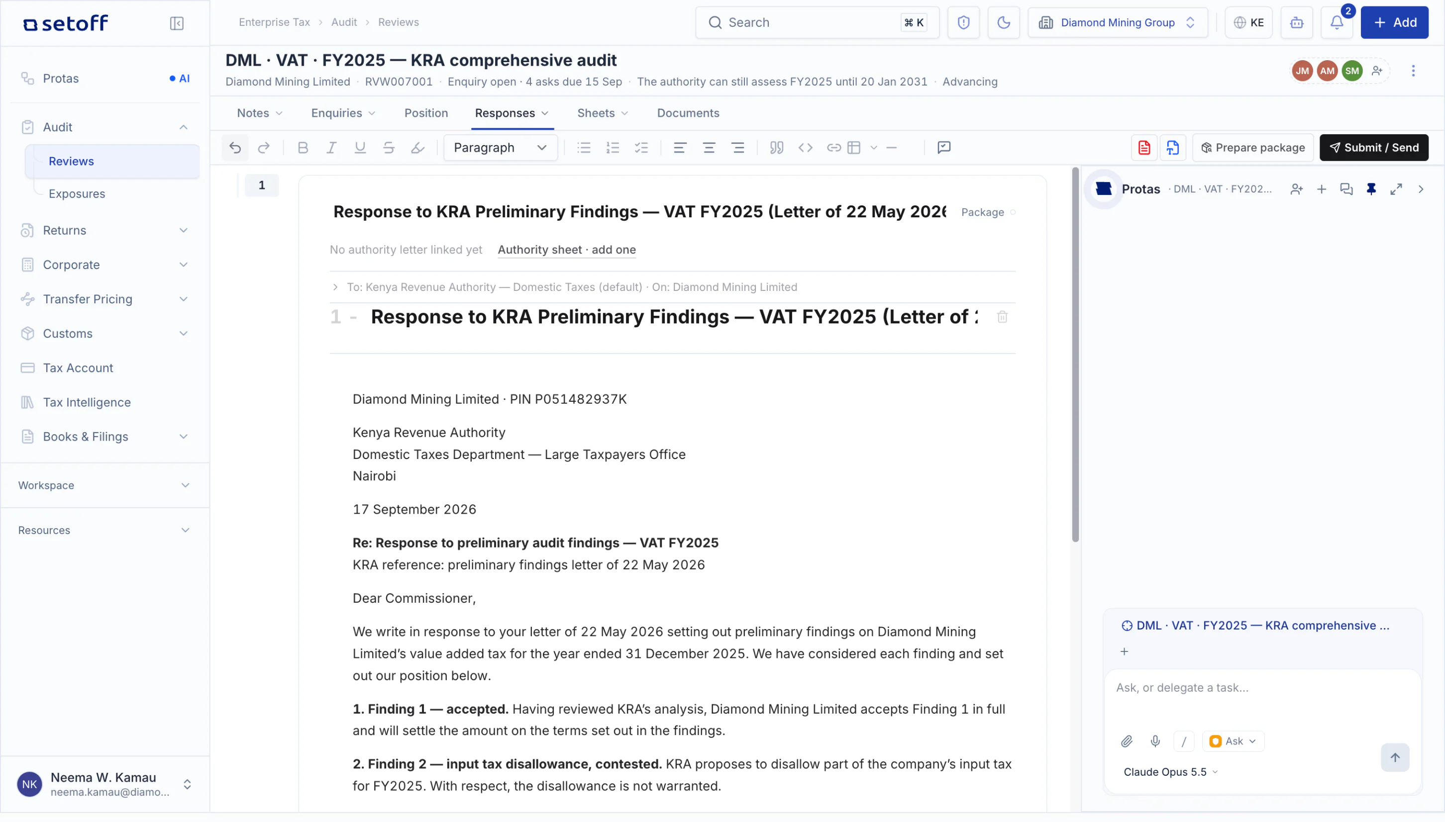 A draft response to KRA’s preliminary findings on Diamond Mining Limited’s VAT, waiting to be prepared as a package and sent by a named person.