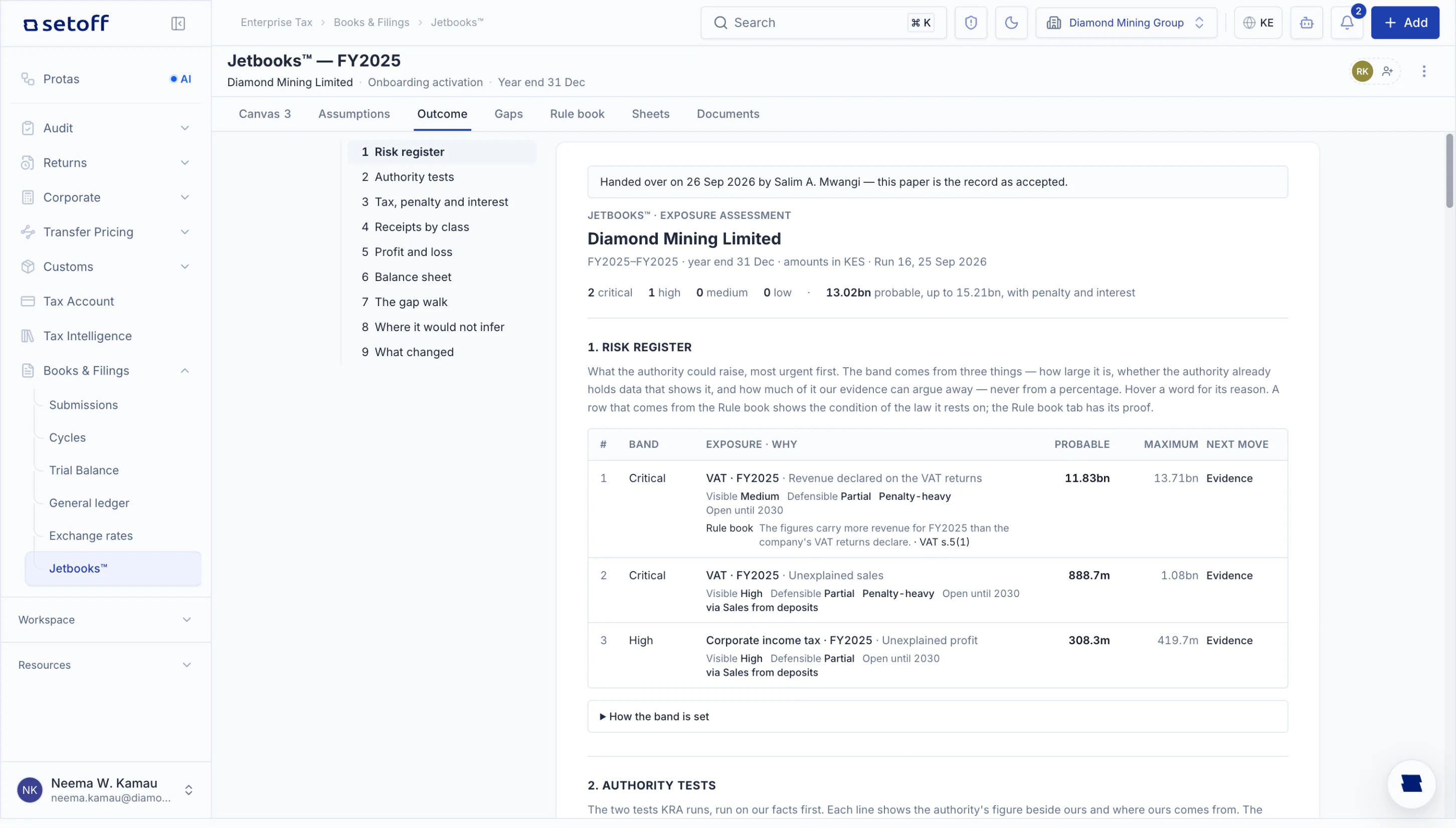 A Jetbooks exposure assessment for Diamond Mining Limited: what the authority could raise, most urgent first, with probable and maximum amounts and the next move.