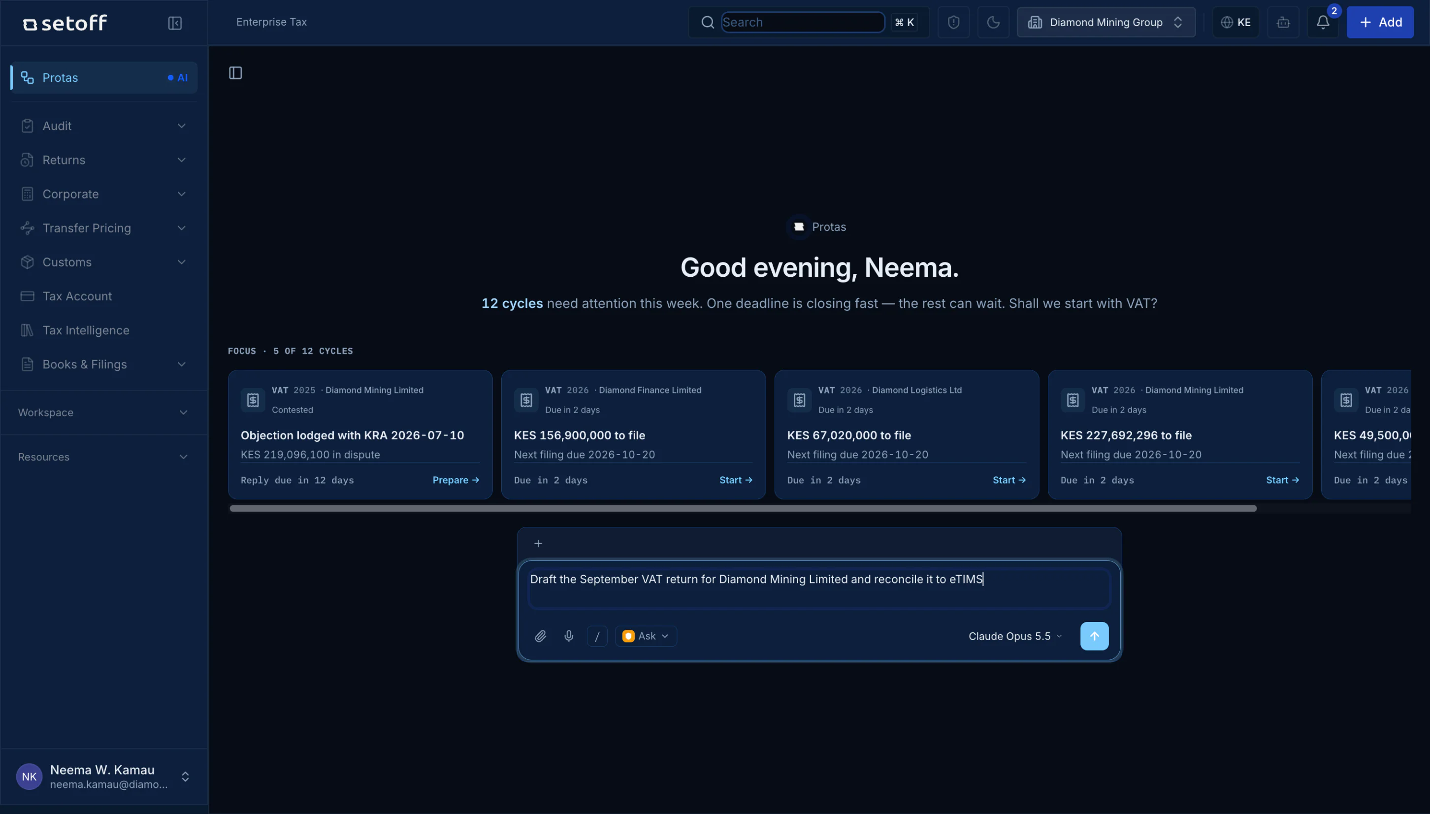 Protas, the agents’ workspace: the cycles that need attention this week, and a request typed into the composer to draft the September VAT return and reconcile it to eTIMS.